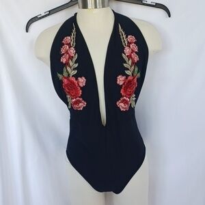 Discovery Black Floral Applique Halter Bodysuit, L